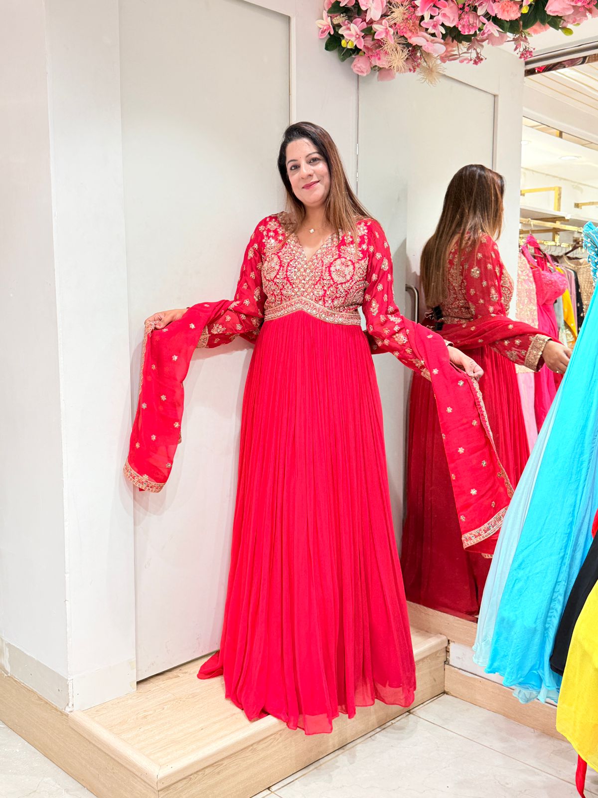Red Embroidered Anarkali Set for Women