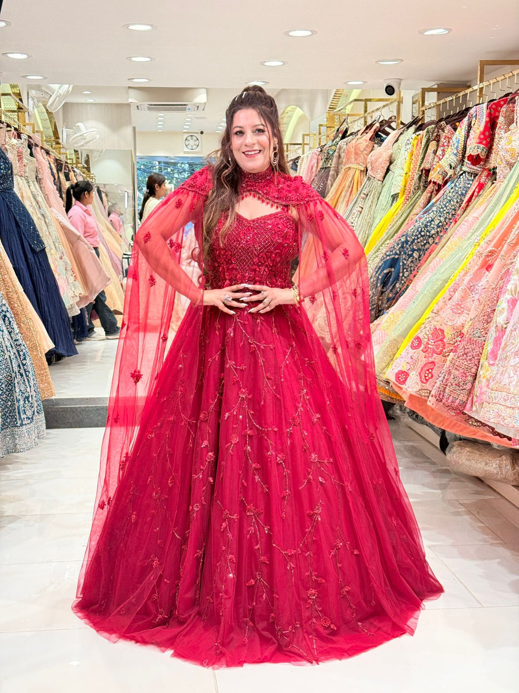 Red Embroidered Gown with Cape