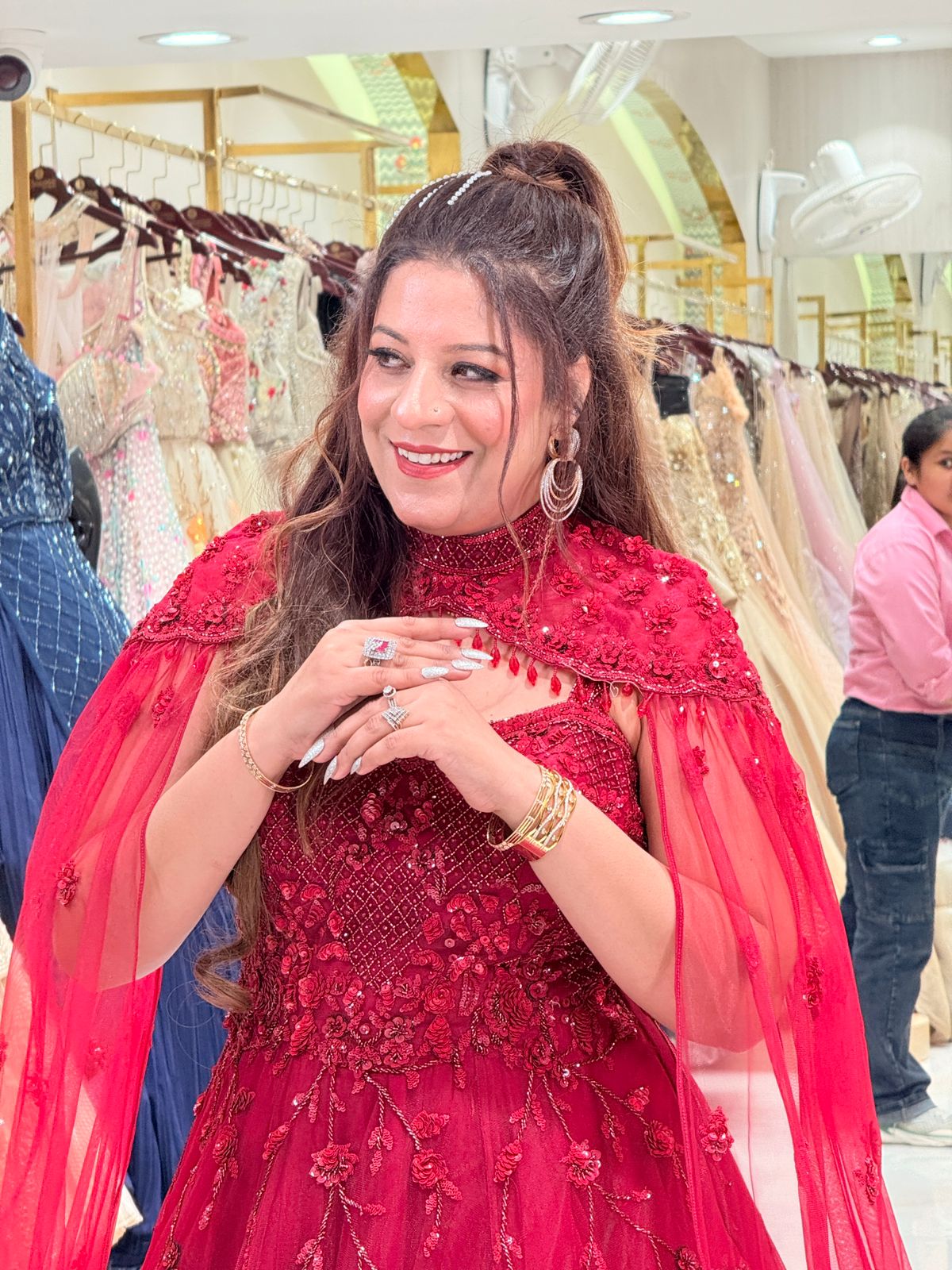 Red Embroidered Gown with Cape