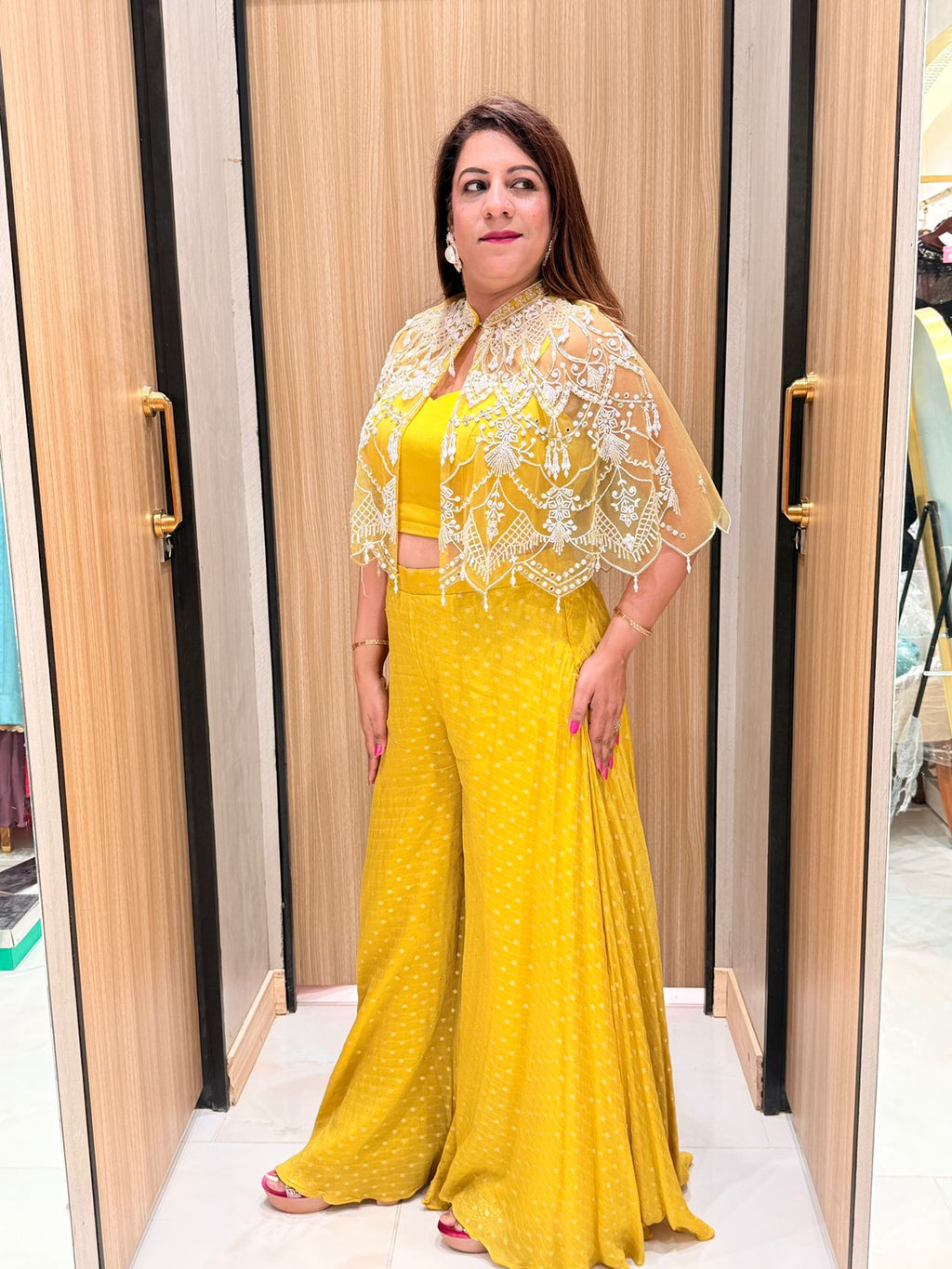 Mustard Embellished Crop Top & Palazzo Set with Short Shrug