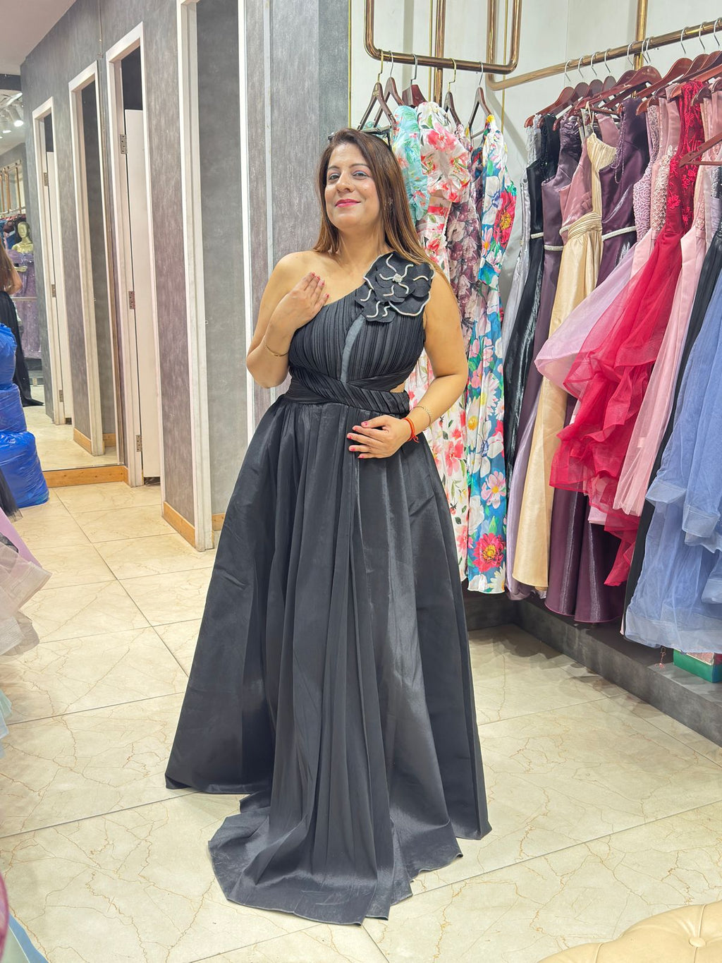 Black One-Shoulder Satin Evening Dress with Rose Detail | Increase Fashion