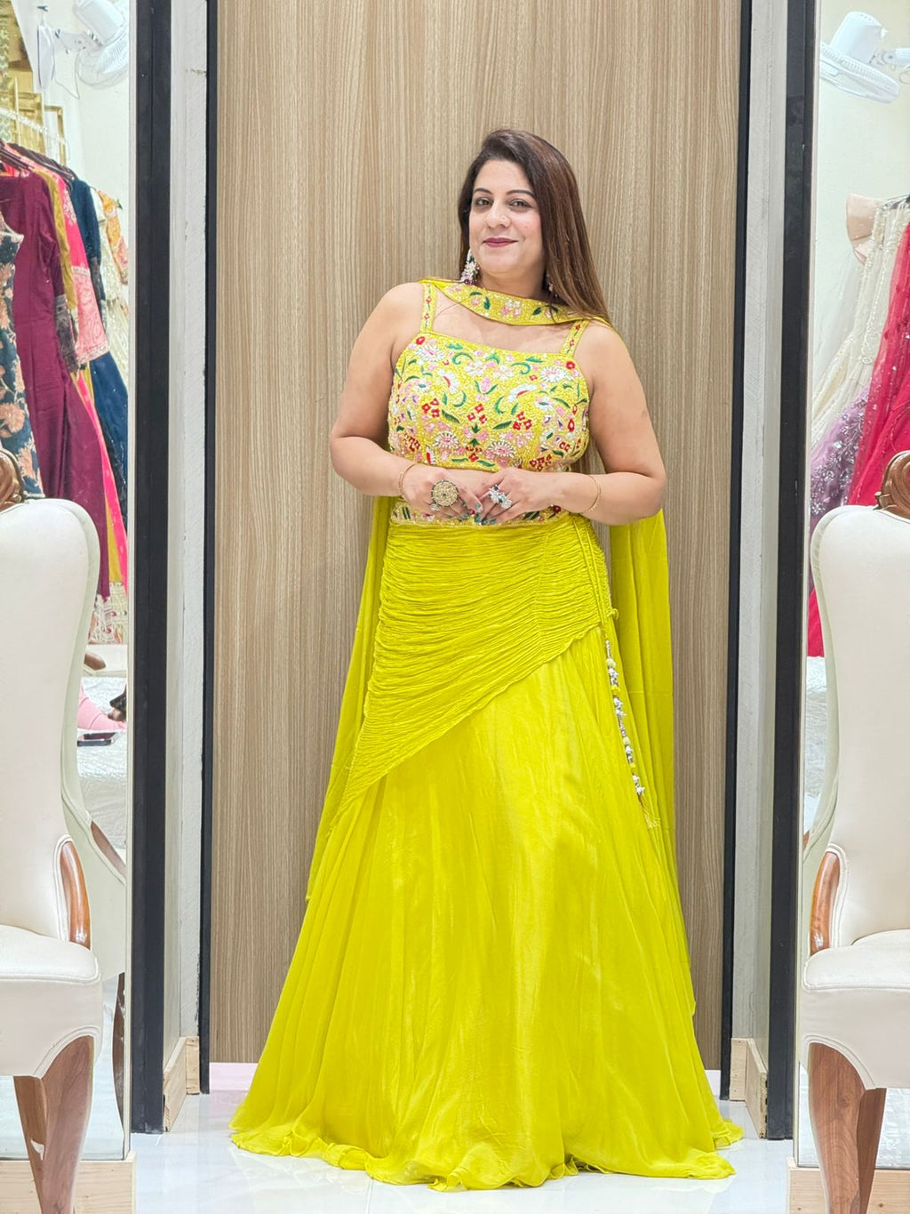 Stylish Floral Embroidered Padded Crop Indo Western Dress
