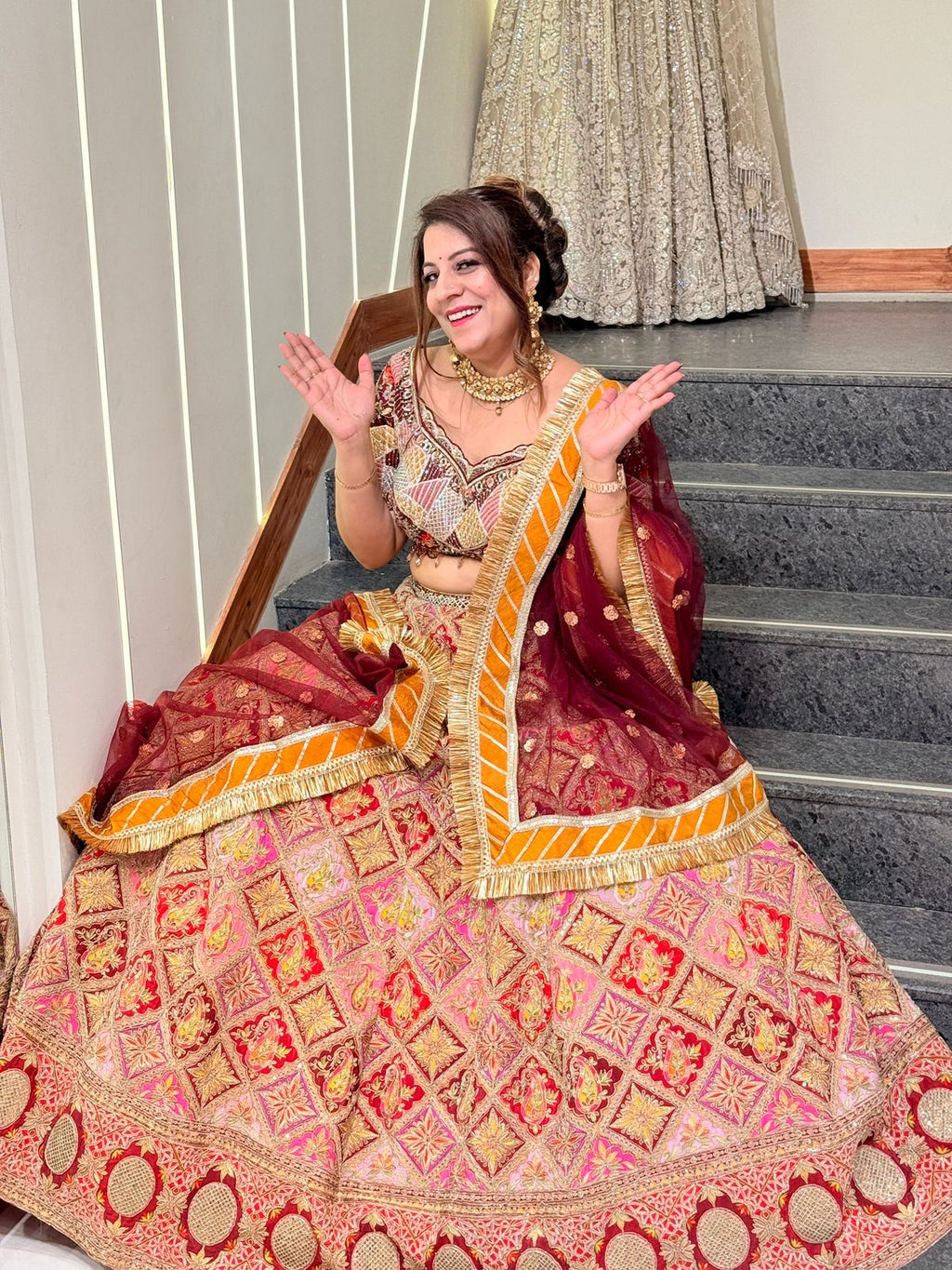 Golden Chinon Fabric Bridal Designer Lehenga Choli