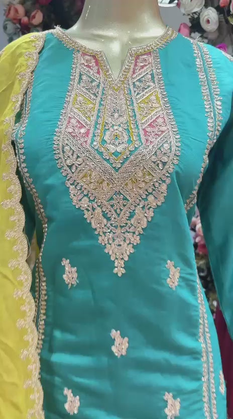 Teal Embroidered Ladies Suit with Yellow Dupatta